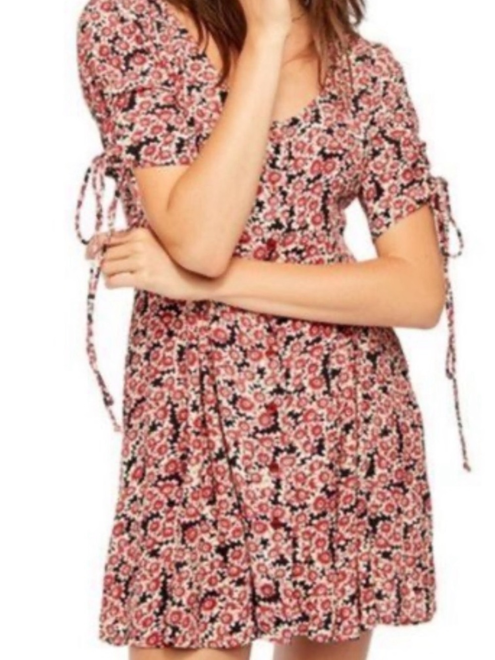 Free People Red Floral Midi Dress with Button Front corset ties on back and arms